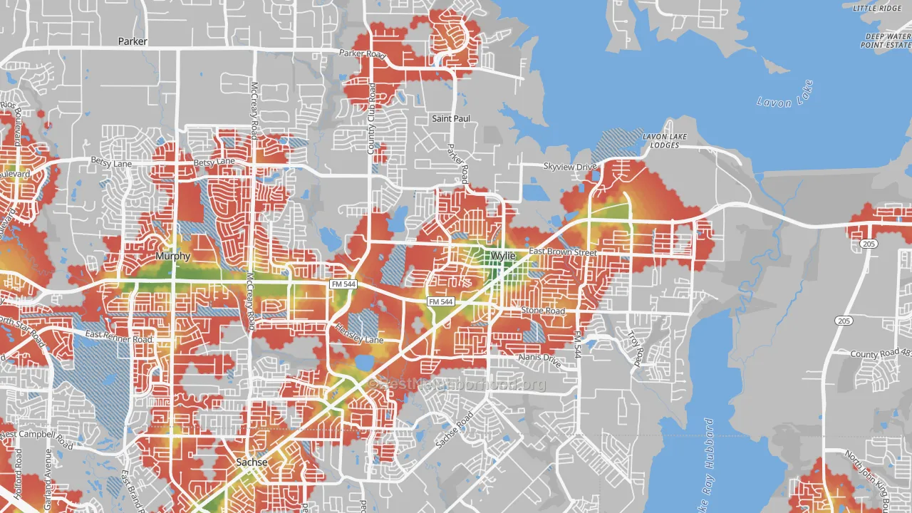 Walk Grade map of Wylie, TX, walkable areas in green and car-dependent areas in red
