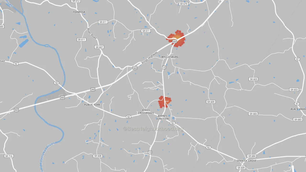 Walk Grade map of Wylliesburg, VA, walkable areas in green and car-dependent areas in red