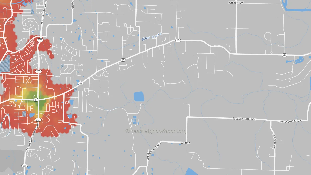 Walk Grade map of Wyman, AR, walkable areas in green and car-dependent areas in red