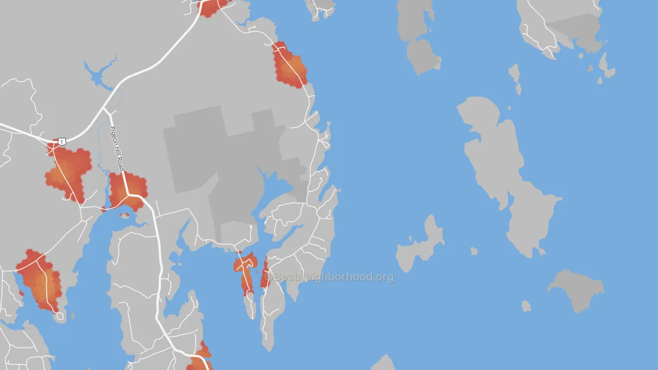 Walk Grade map of Wyman, ME, walkable areas in green and car-dependent areas in red