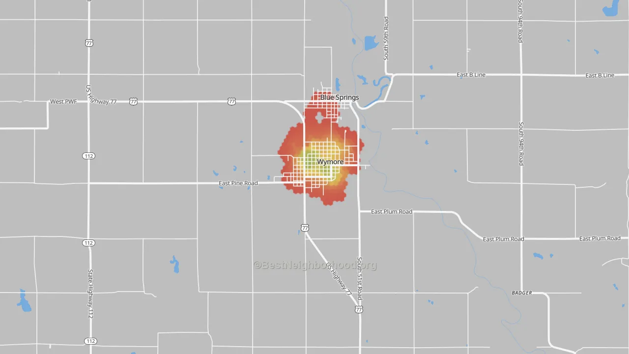 Walk Grade map of Wymore, NE, walkable areas in green and car-dependent areas in red