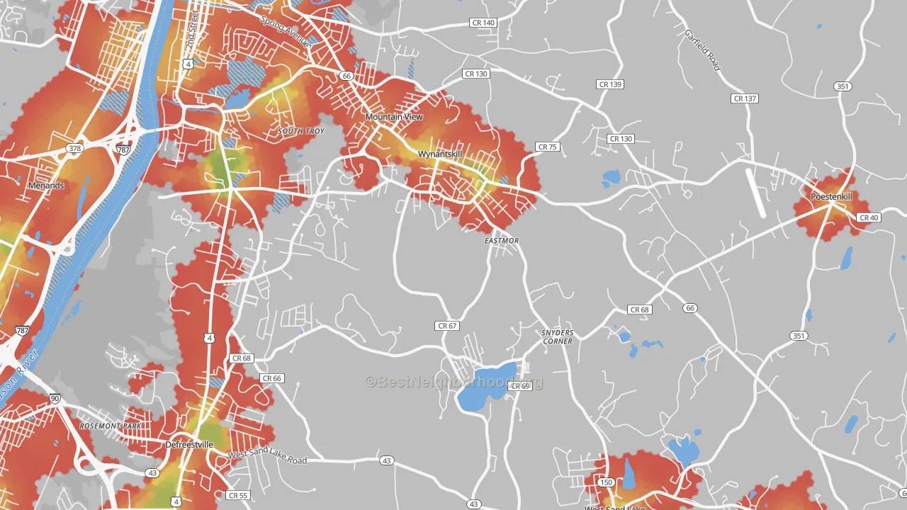 Walk Grade map of Wynantskill, NY, walkable areas in green and car-dependent areas in red