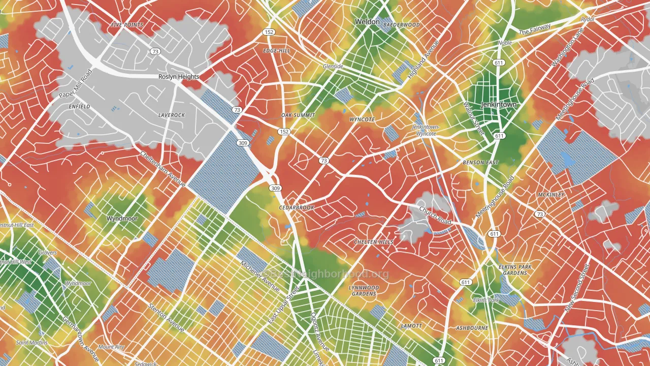 Walk Grade map of Wyncote, PA, walkable areas in green and car-dependent areas in red