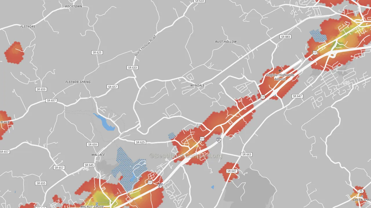 Walk Grade map of Wyndale, VA, walkable areas in green and car-dependent areas in red