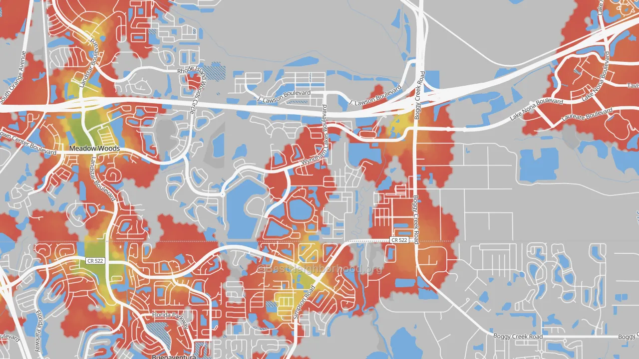 Walk Grade map of Wyndham Lakes Estates, Meadow Woods, FL, walkable areas in green and car-dependent areas in red
