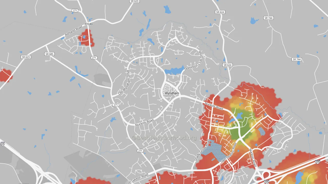 Walk Grade map of Wyndham, VA, walkable areas in green and car-dependent areas in red