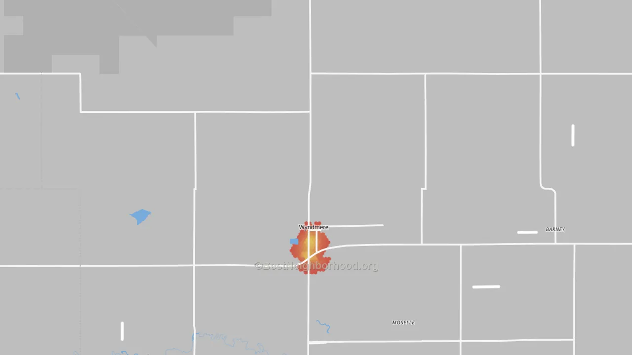 Walk Grade map of Wyndmere, ND, walkable areas in green and car-dependent areas in red