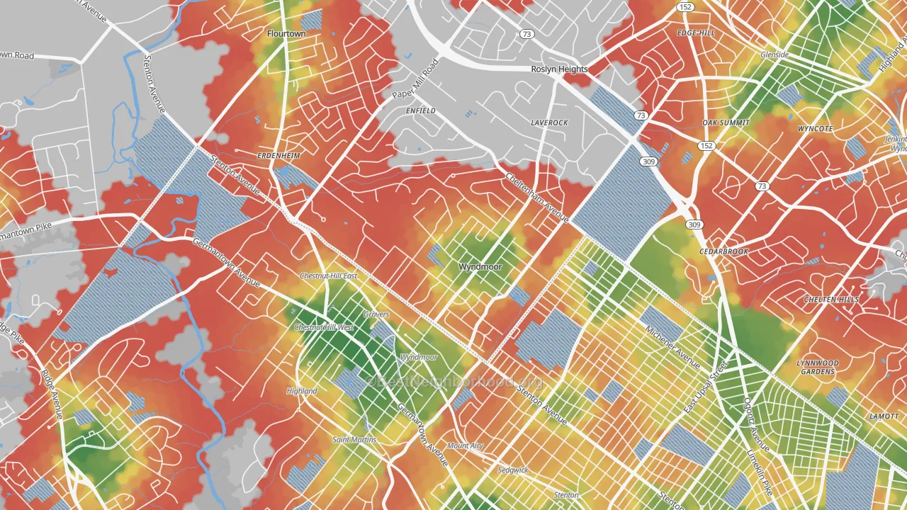 Walk Grade map of Wyndmoor, Glenside, PA, walkable areas in green and car-dependent areas in red
