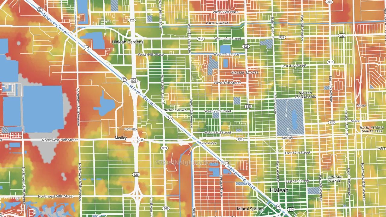 Walk Grade map of Wynken Blynken anchor Nod, Hialeah, FL, walkable areas in green and car-dependent areas in red