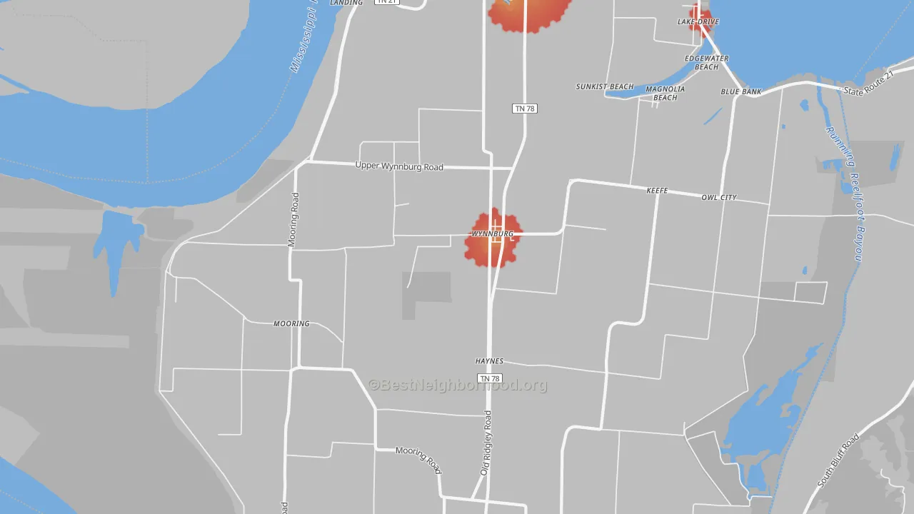 Walk Grade map of Wynnburg, TN, walkable areas in green and car-dependent areas in red