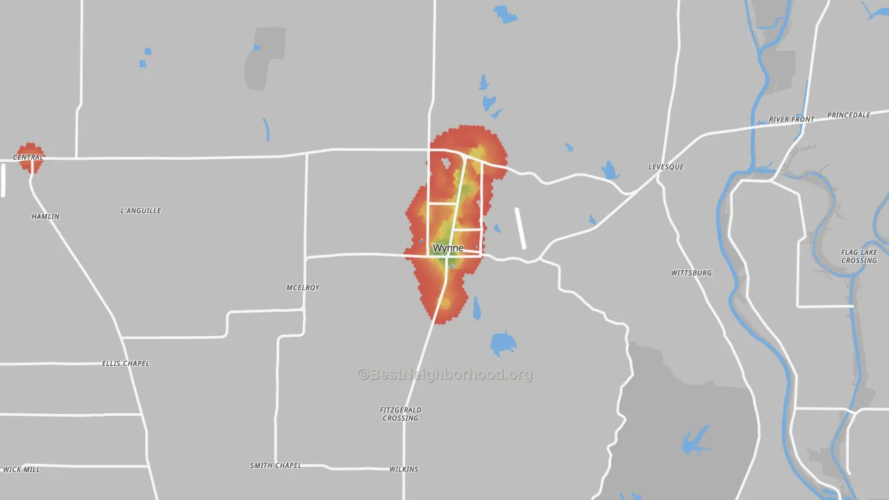 Walk Grade map of Wynne, AR, walkable areas in green and car-dependent areas in red