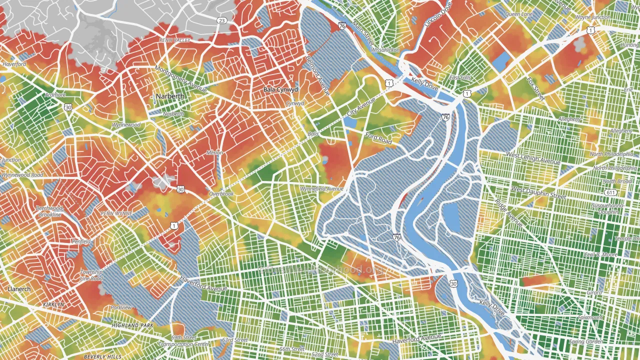 Walk Grade map of Wynnefield, Philadelphia, PA, walkable areas in green and car-dependent areas in red