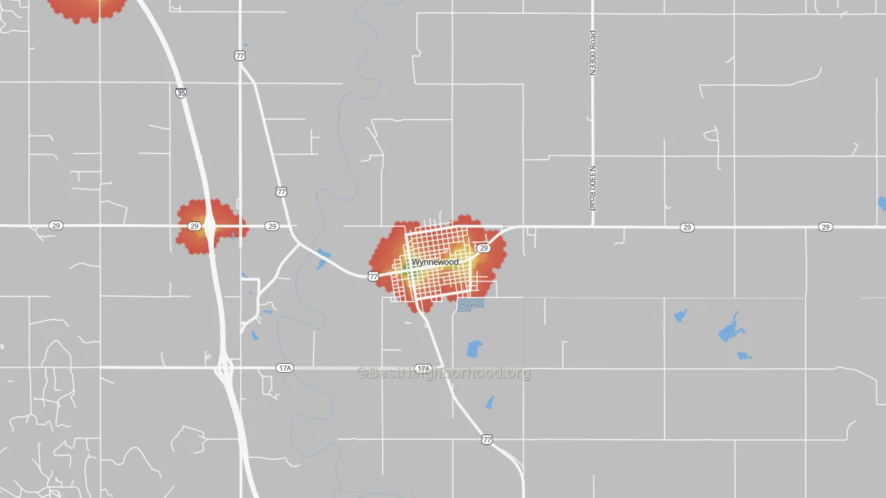 Walk Grade map of Wynnewood, OK, walkable areas in green and car-dependent areas in red