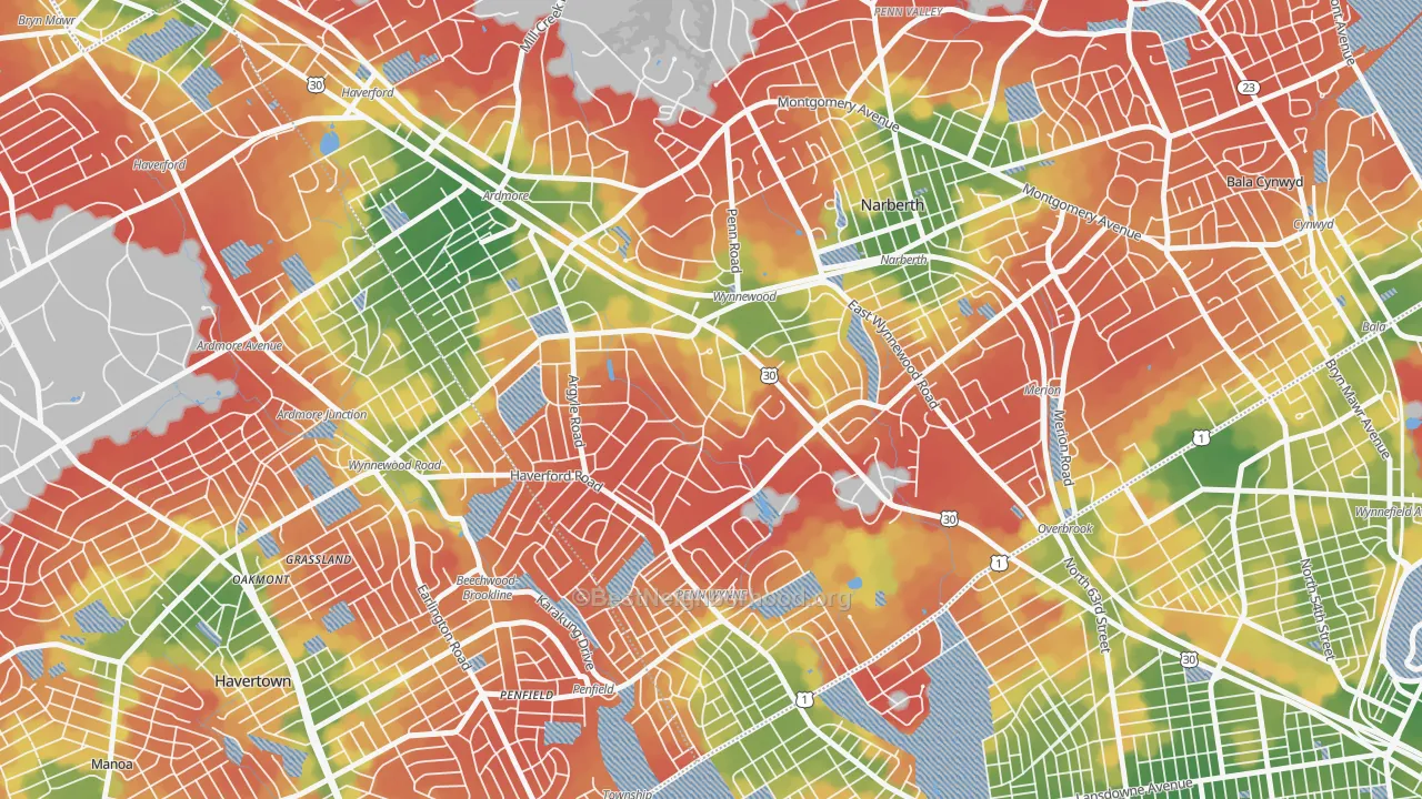 Walk Grade map of Wynnewood, PA, walkable areas in green and car-dependent areas in red