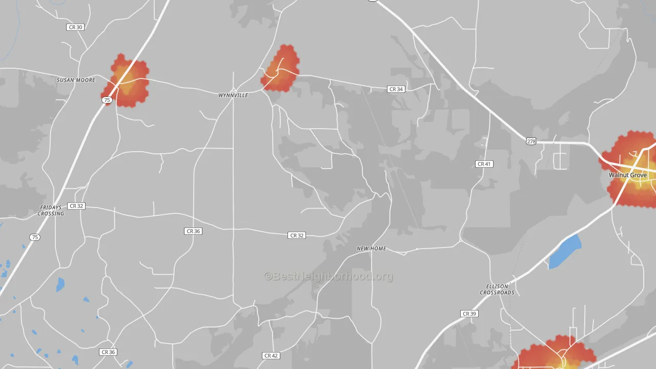 Walk Grade map of Wynnville, AL, walkable areas in green and car-dependent areas in red