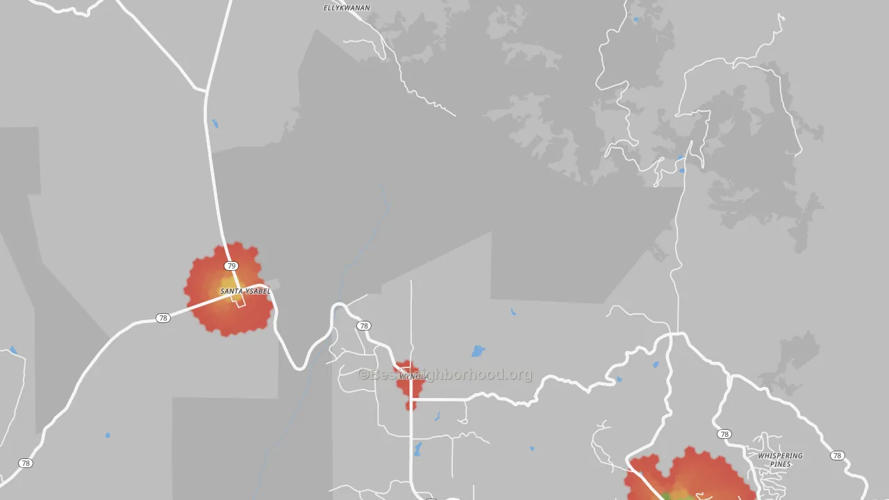 Walk Grade map of Wynola, CA, walkable areas in green and car-dependent areas in red