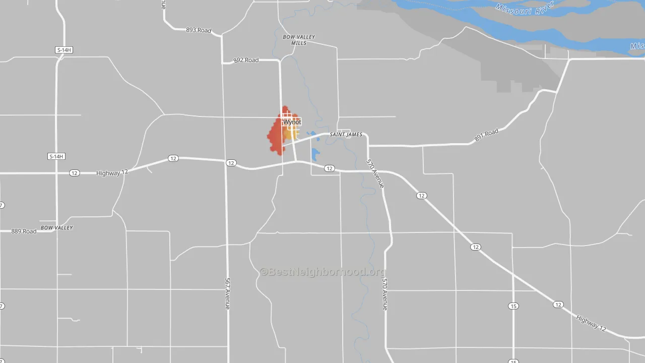 Walk Grade map of Wynot, NE, walkable areas in green and car-dependent areas in red