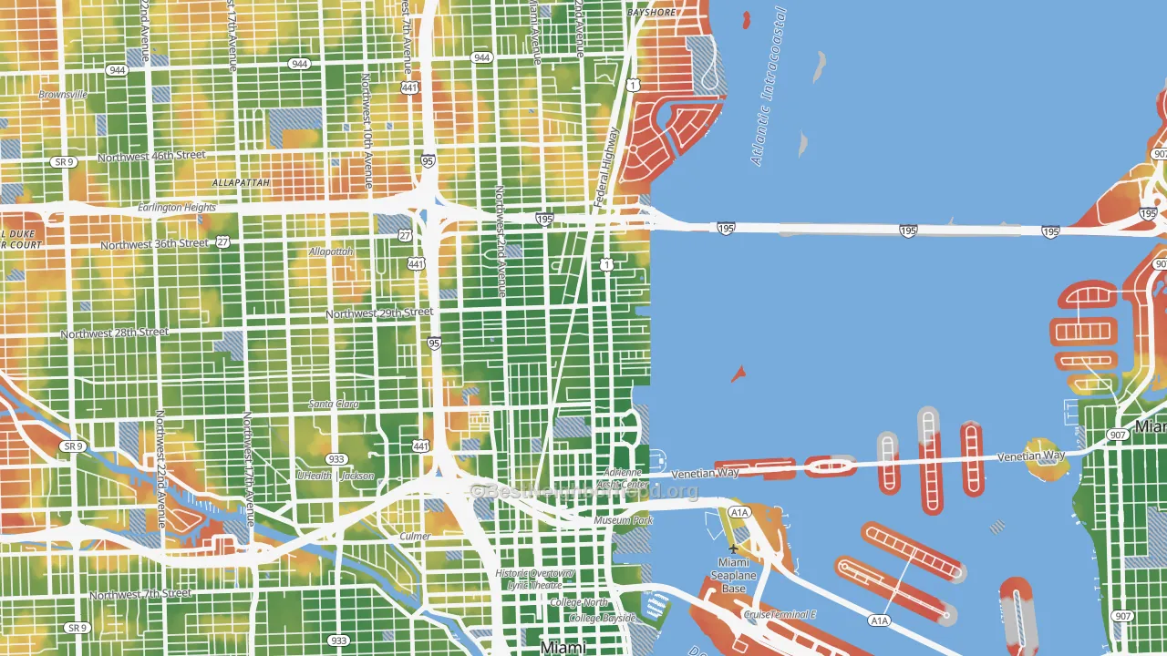 Walk Grade map of Wynwood, Miami, FL, walkable areas in green and car-dependent areas in red