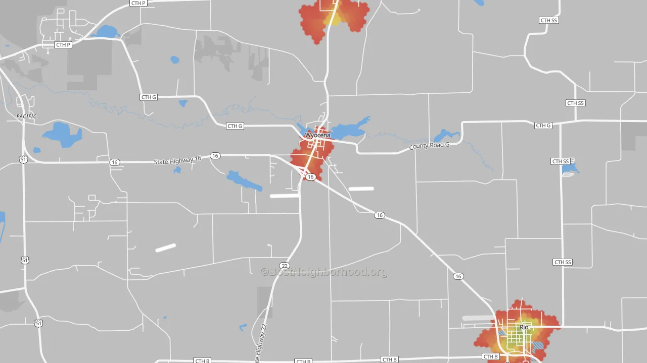 Walk Grade map of Wyocena, WI, walkable areas in green and car-dependent areas in red