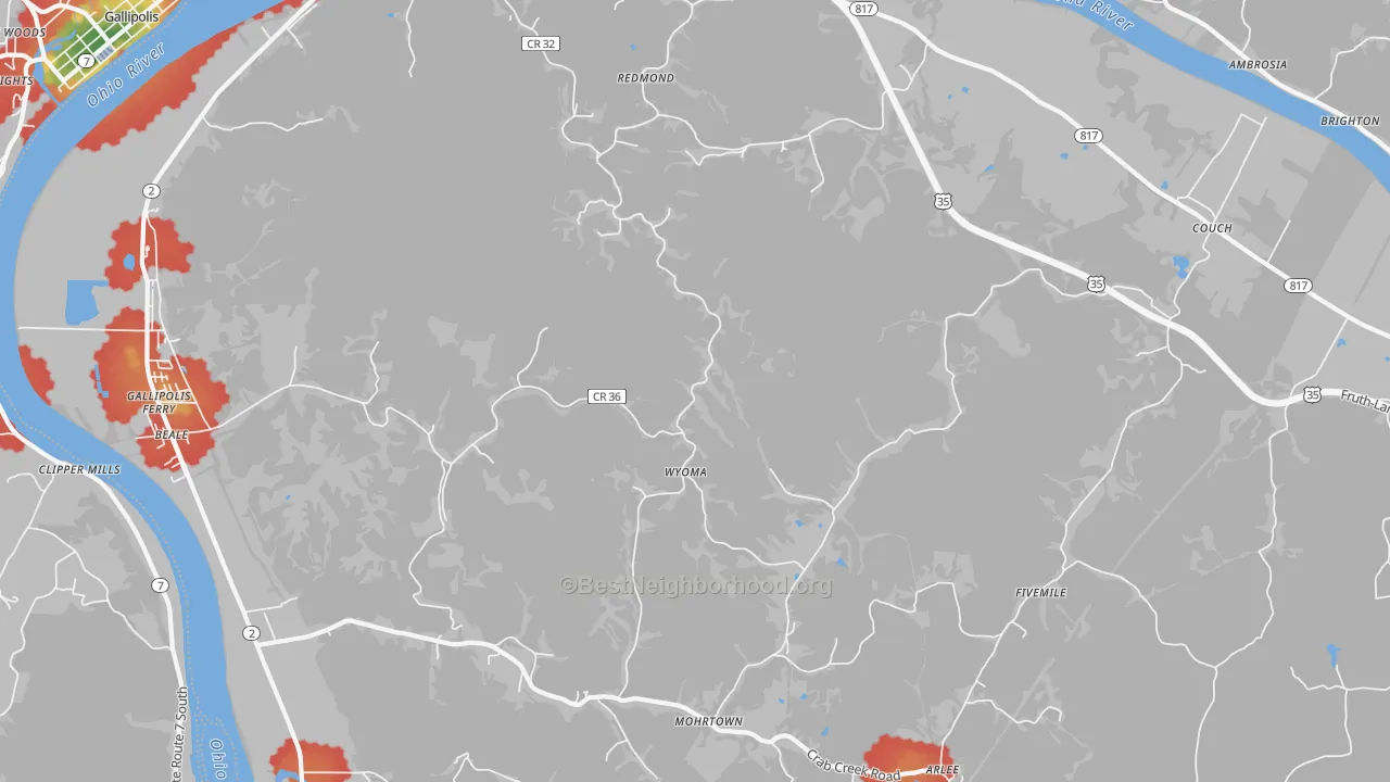 Walk Grade map of Wyoma, WV, walkable areas in green and car-dependent areas in red