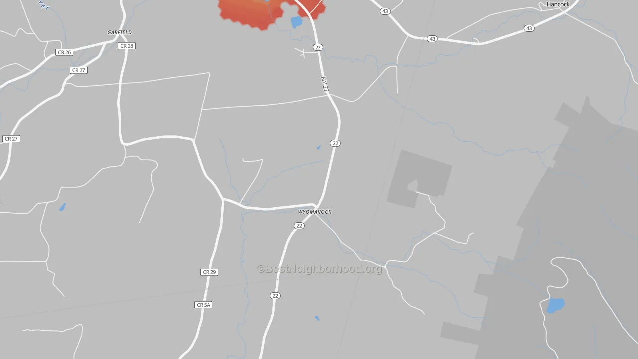 Walk Grade map of Wyomanock, NY, walkable areas in green and car-dependent areas in red