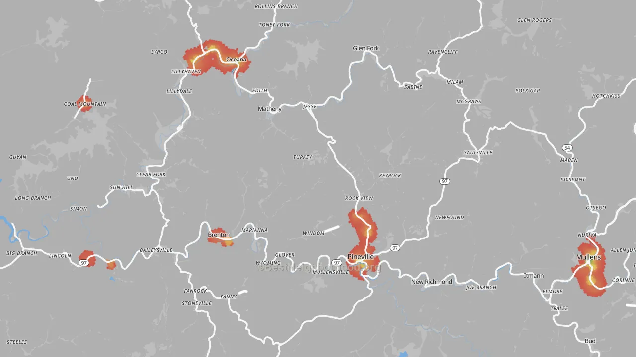 Walk Grade map of Wyoming County, WV, walkable areas in green and car-dependent areas in red