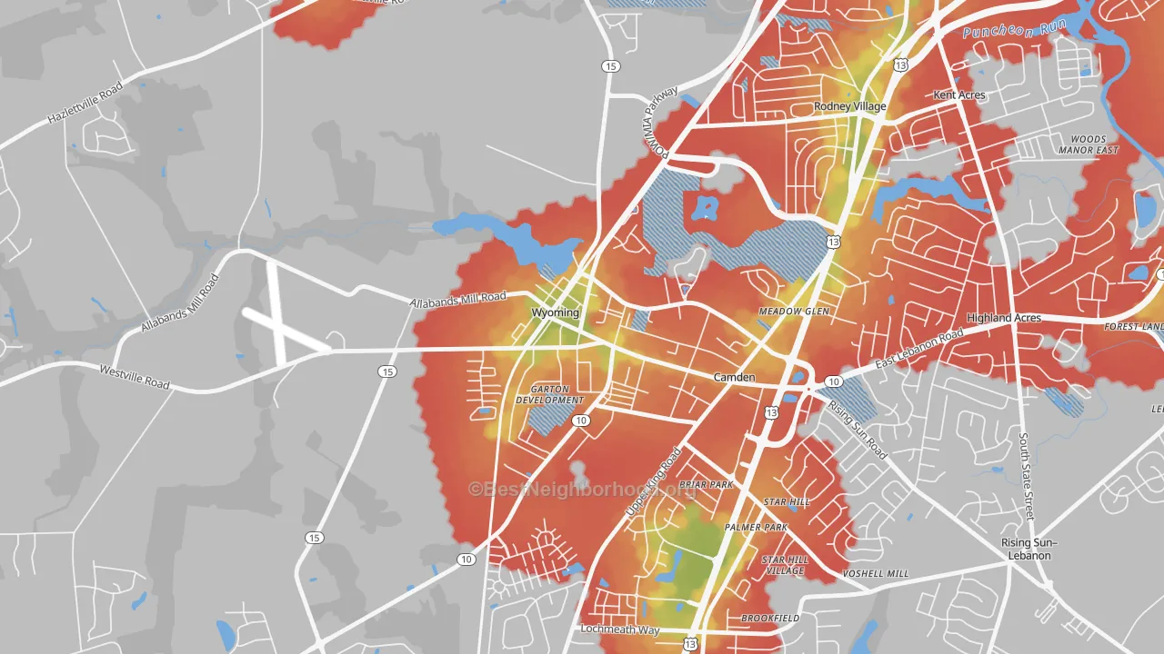 Walk Grade map of Wyoming, DE, walkable areas in green and car-dependent areas in red