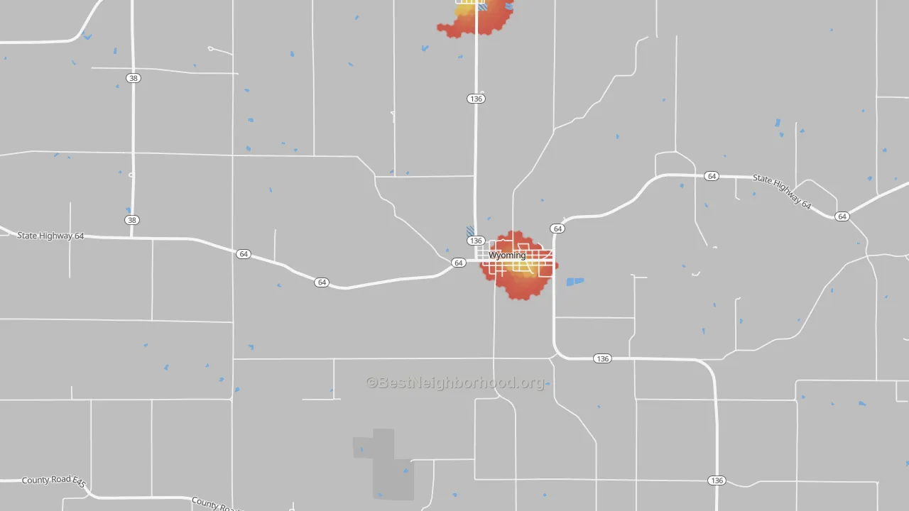 Walk Grade map of Wyoming, IA, walkable areas in green and car-dependent areas in red