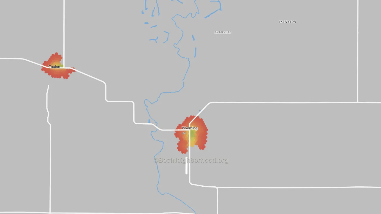 Walk Grade map of Wyoming, IL, walkable areas in green and car-dependent areas in red