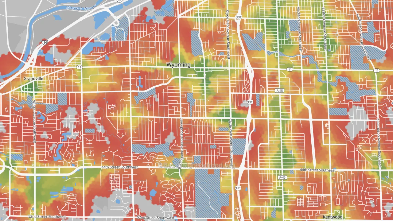 Walk Grade map of Wyoming, MI, walkable areas in green and car-dependent areas in red