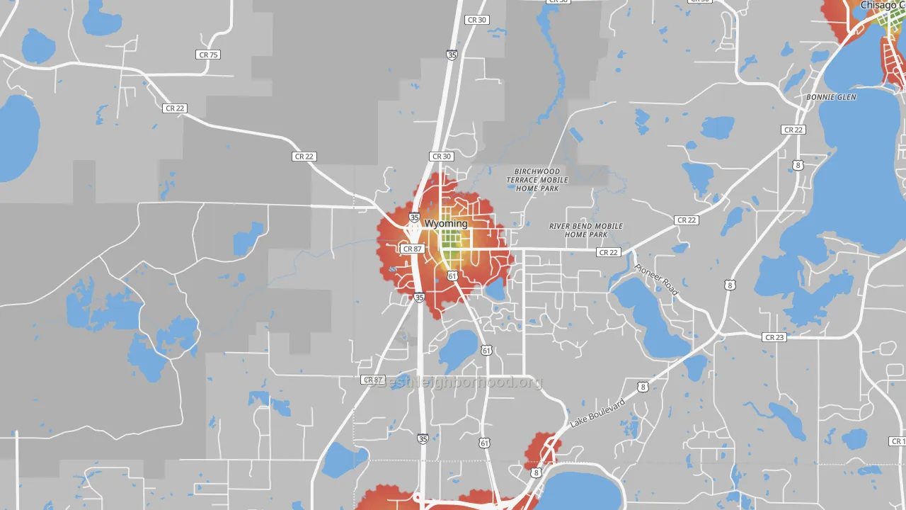 Walk Grade map of Wyoming, MN, walkable areas in green and car-dependent areas in red