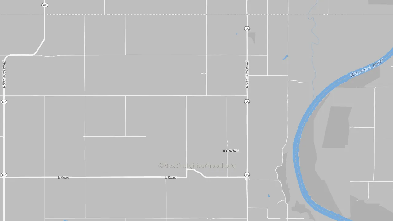 Walk Grade map of Wyoming, NE, walkable areas in green and car-dependent areas in red