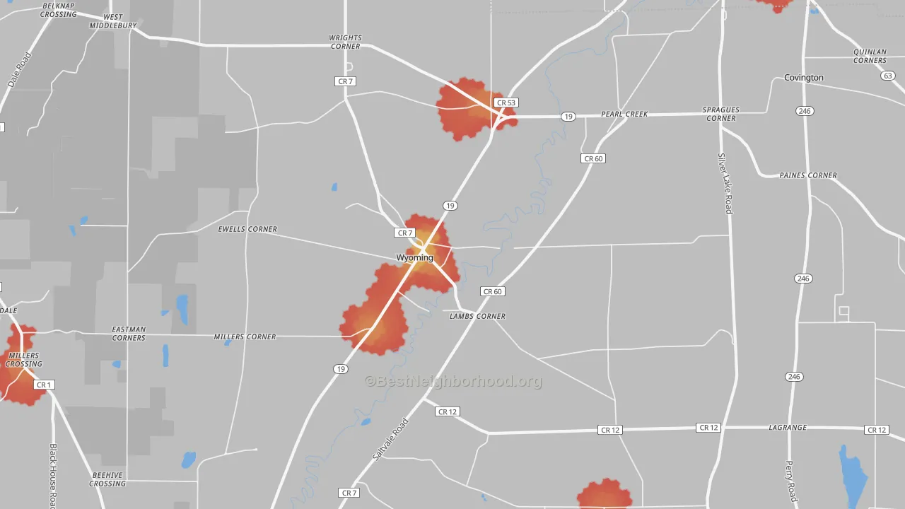 Walk Grade map of Wyoming, NY, walkable areas in green and car-dependent areas in red
