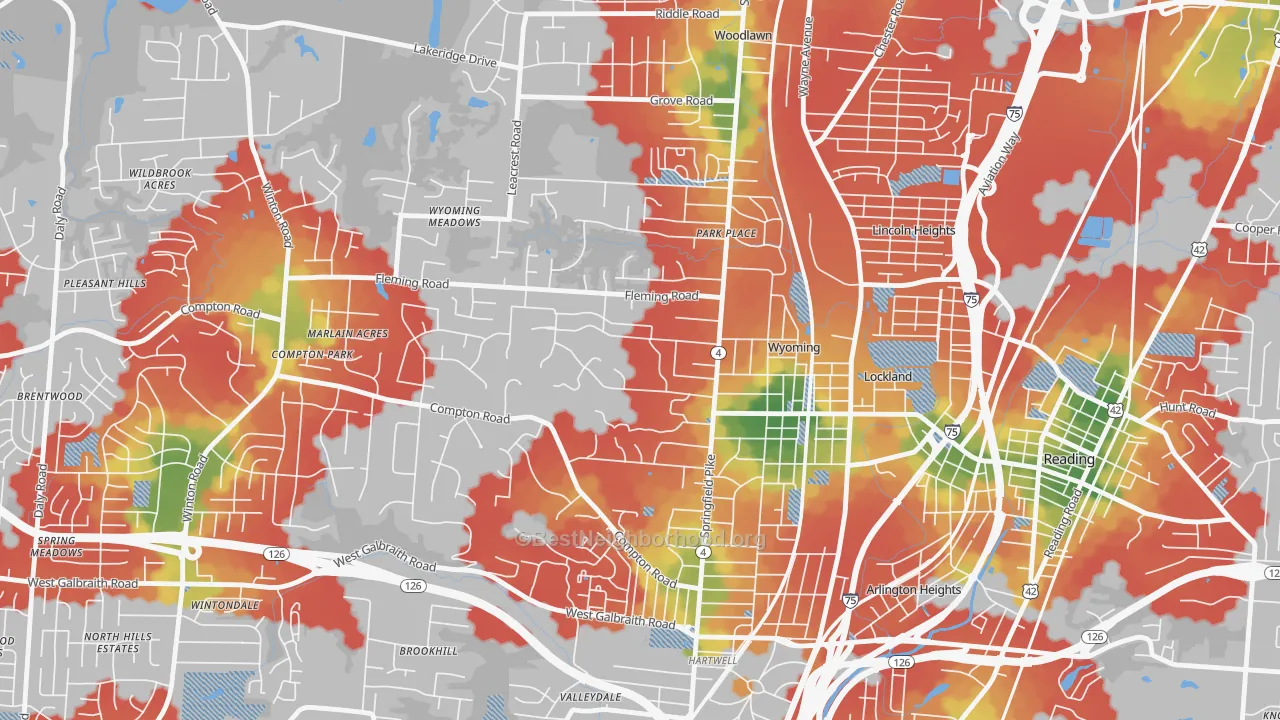 Walk Grade map of Wyoming, OH, walkable areas in green and car-dependent areas in red