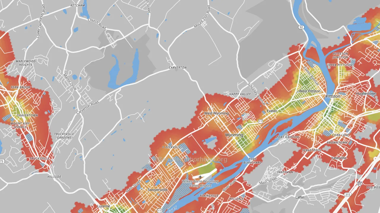 Walk Grade map of Wyoming, PA, walkable areas in green and car-dependent areas in red