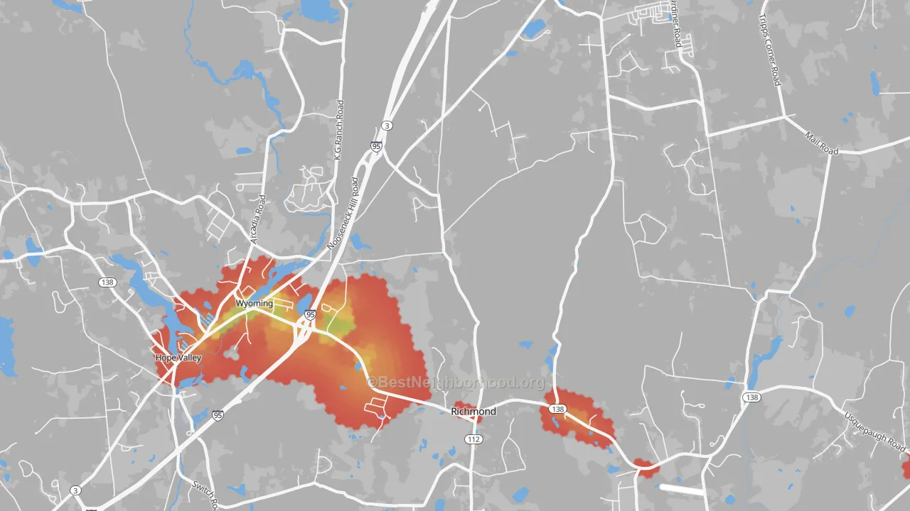 Walk Grade map of Wyoming, RI, walkable areas in green and car-dependent areas in red