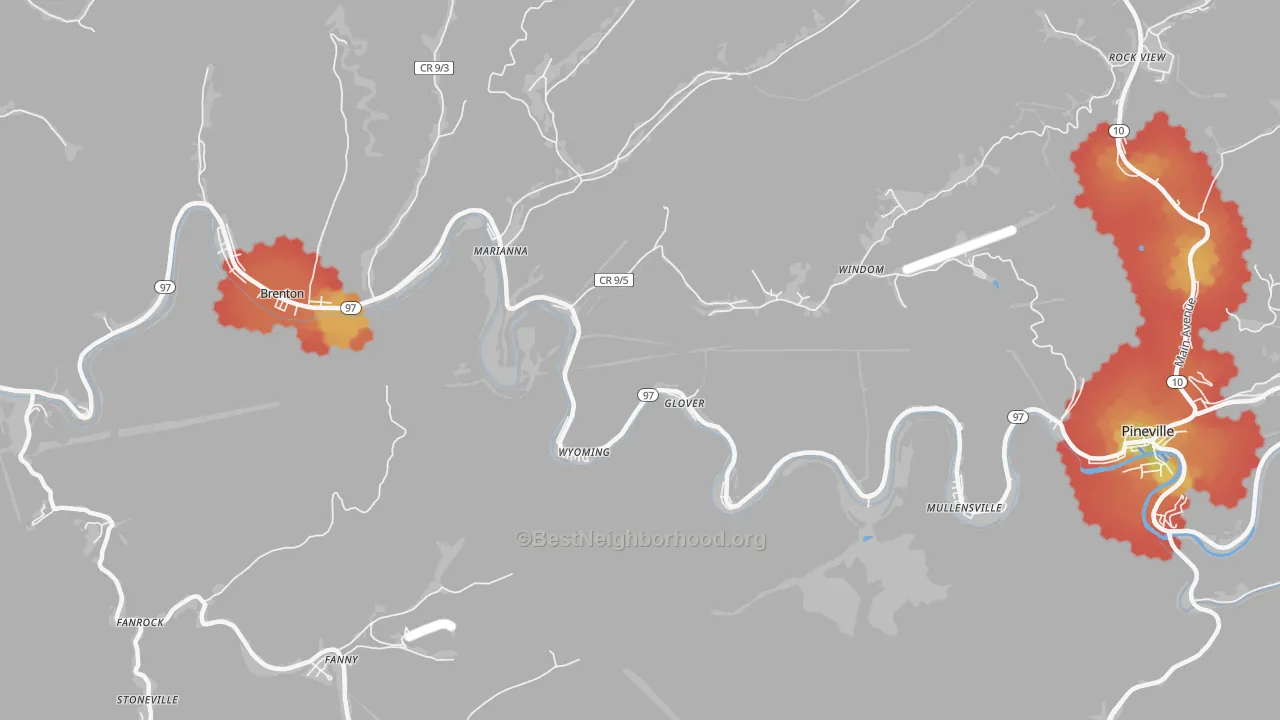 Walk Grade map of Wyoming, WV, walkable areas in green and car-dependent areas in red