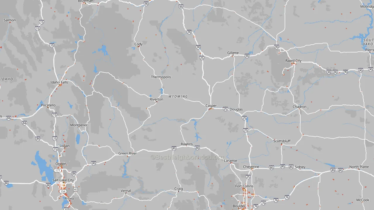 Walk Grade map of Wyoming, walkable areas in green and car-dependent areas in red