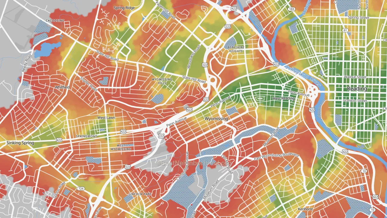 Walk Grade map of Wyomissing, PA, walkable areas in green and car-dependent areas in red