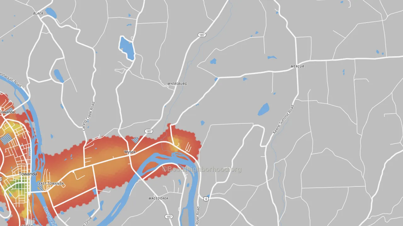 Walk Grade map of Wysox, PA, walkable areas in green and car-dependent areas in red