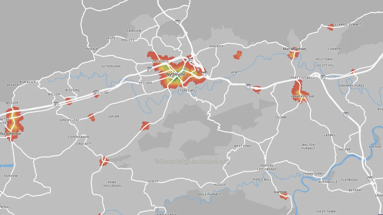 Walk Grade map of Wythe County, VA, walkable areas in green and car-dependent areas in red