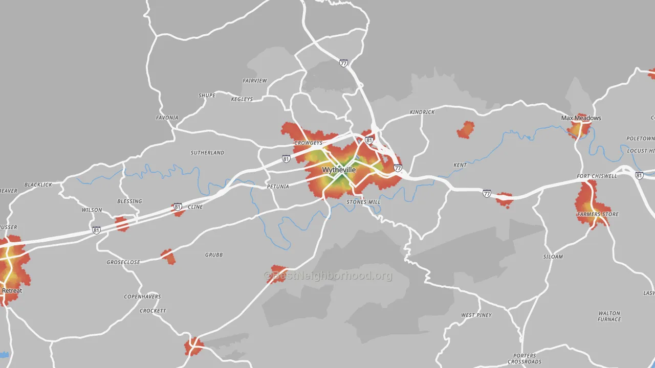 Walk Grade map of Wytheville, VA, walkable areas in green and car-dependent areas in red