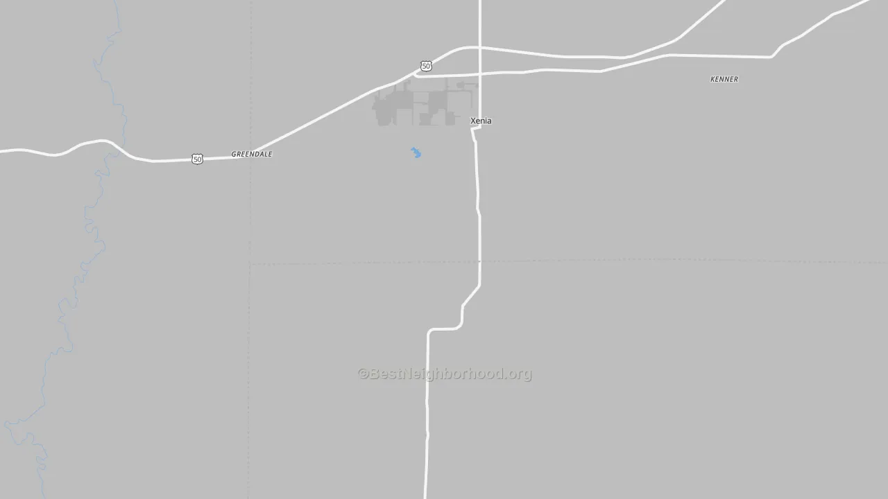 Walk Grade map of Xenia, IL, walkable areas in green and car-dependent areas in red