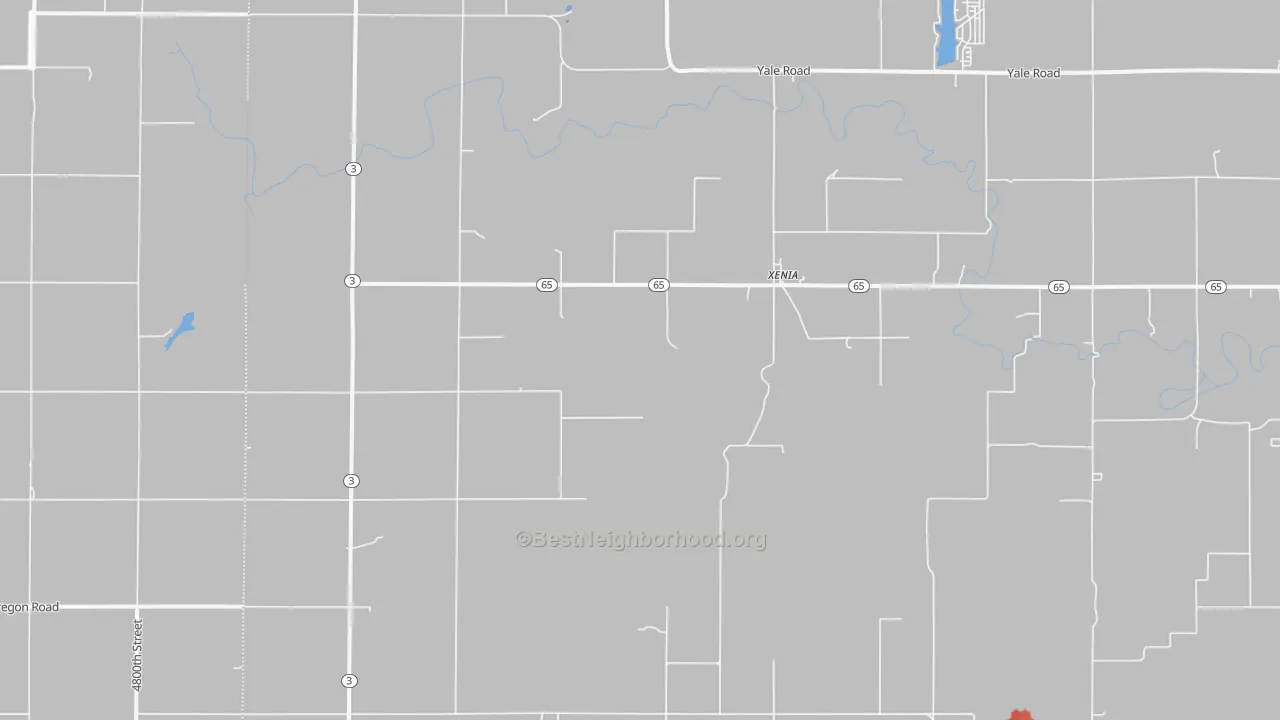 Walk Grade map of Xenia, KS, walkable areas in green and car-dependent areas in red