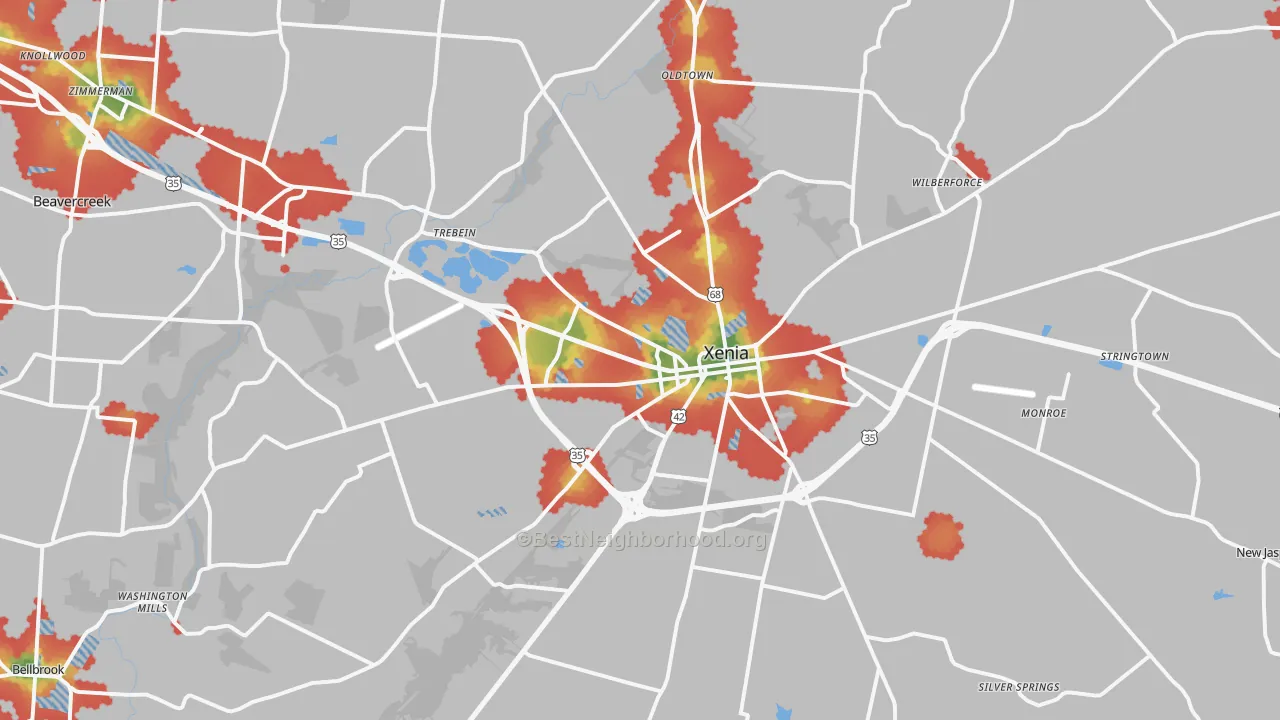 Walk Grade map of Xenia, OH, walkable areas in green and car-dependent areas in red