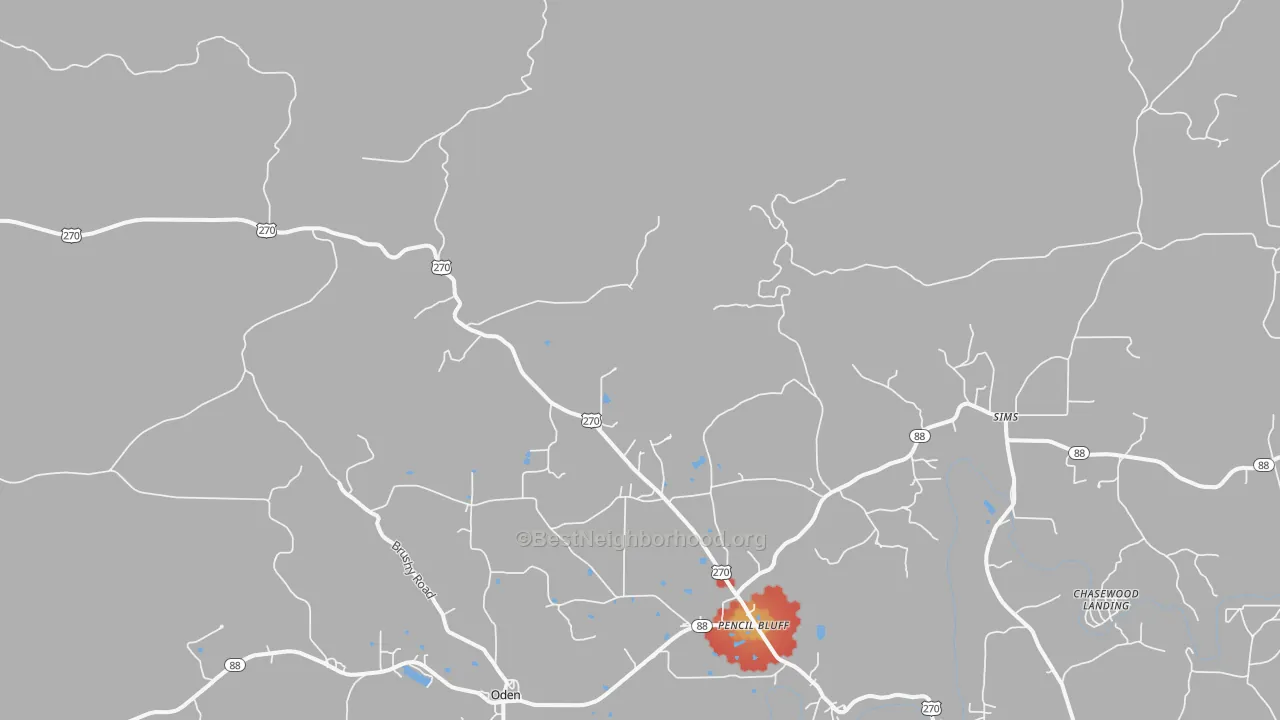 Walk Grade map of Y City, AR, walkable areas in green and car-dependent areas in red
