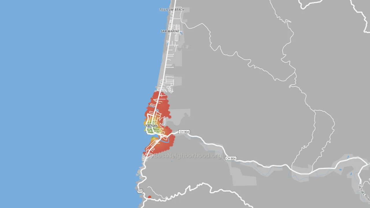 Walk Grade map of Yachats, OR, walkable areas in green and car-dependent areas in red