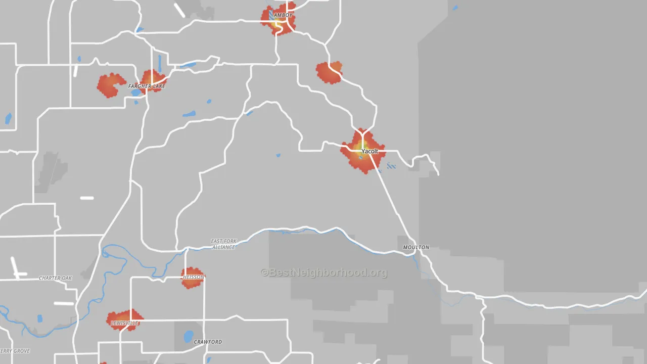 Walk Grade map of Yacolt, WA, walkable areas in green and car-dependent areas in red