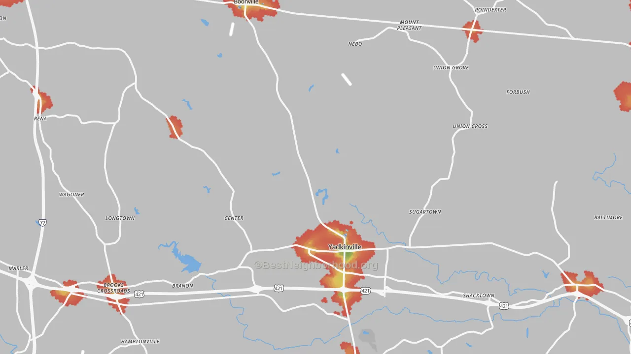 Walk Grade map of Yadkin County, NC, walkable areas in green and car-dependent areas in red