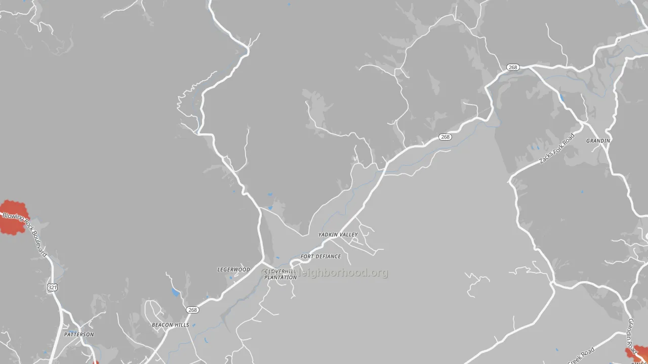 Walk Grade map of Yadkin Valley, NC, walkable areas in green and car-dependent areas in red